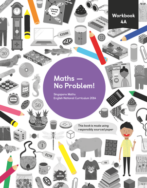 Maths mastery Workbook 4A showing characters and illustrations and text reading Singapore Maths English National Curriculum 2014