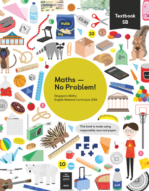 Maths mastery Textbook 5B showing characters and illustrations and text reading Singapore Maths English National Curriculum 2014