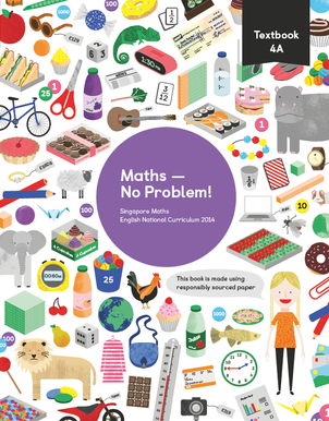 Maths mastery Textbook 4A showing characters and illustrations and text reading Singapore Maths English National Curriculum 2014
