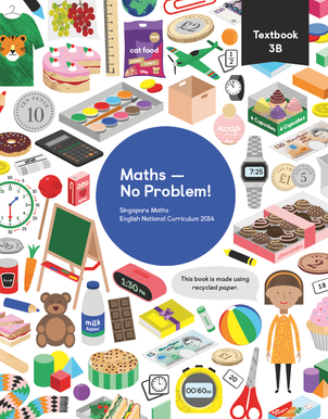 Maths mastery Textbook 3B showing characters and illustrations and text reading Singapore Maths English National Curriculum 2014