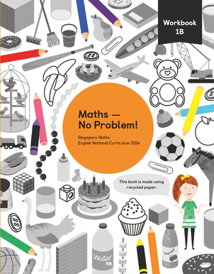 Maths mastery Workbook 1B showing characters and illustrations and text reading Singapore Maths English National Curriculum 2014