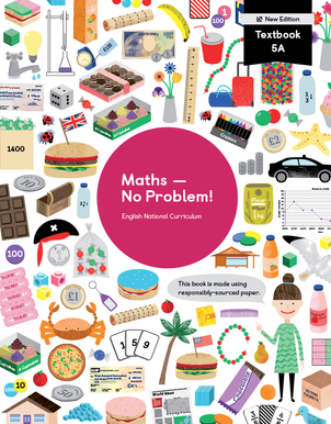 Maths mastery Textbook 5A New Edition showing characters and illustrations and text reading English National Curriculum