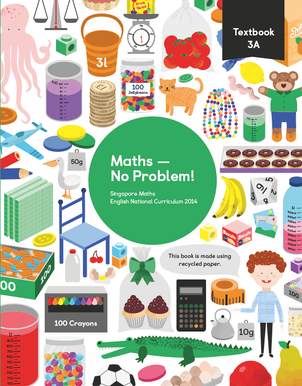 Maths mastery Textbook 3A showing characters and illustrations and text reading Singapore Maths English National Curriculum 2014
