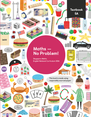 Maths mastery Textbook 5A showing characters and illustrations and text reading Singapore Maths English National Curriculum 2014