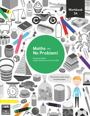 Maths mastery Workbook 3A showing characters and illustrations and text reading Singapore Maths English National Curriculum 2014